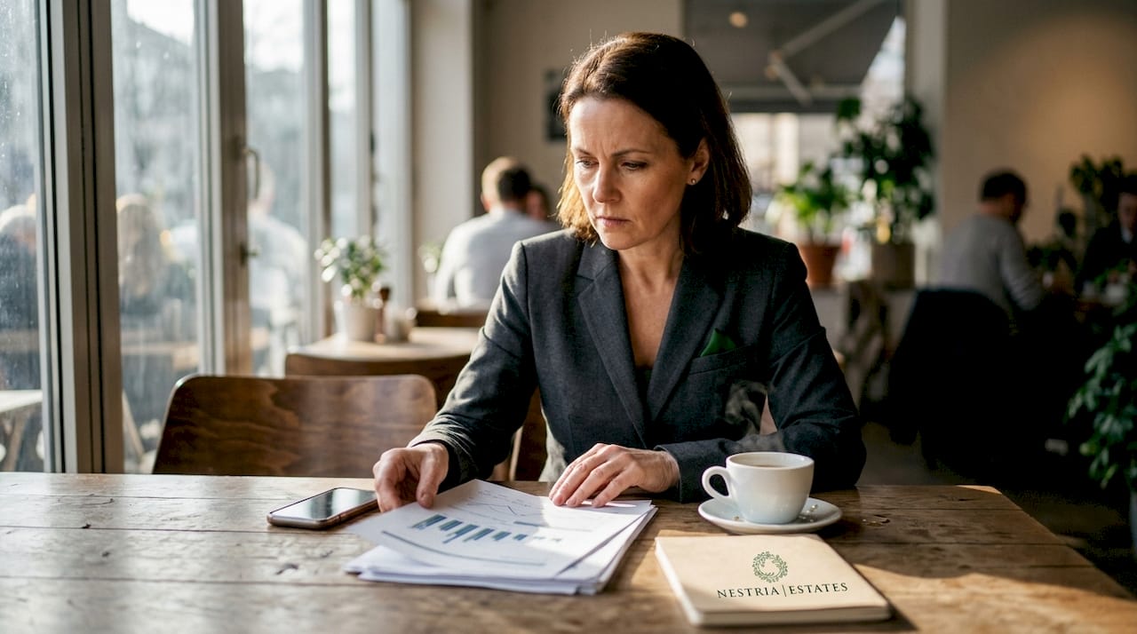 Businesswoman reviewing luxury rental reports