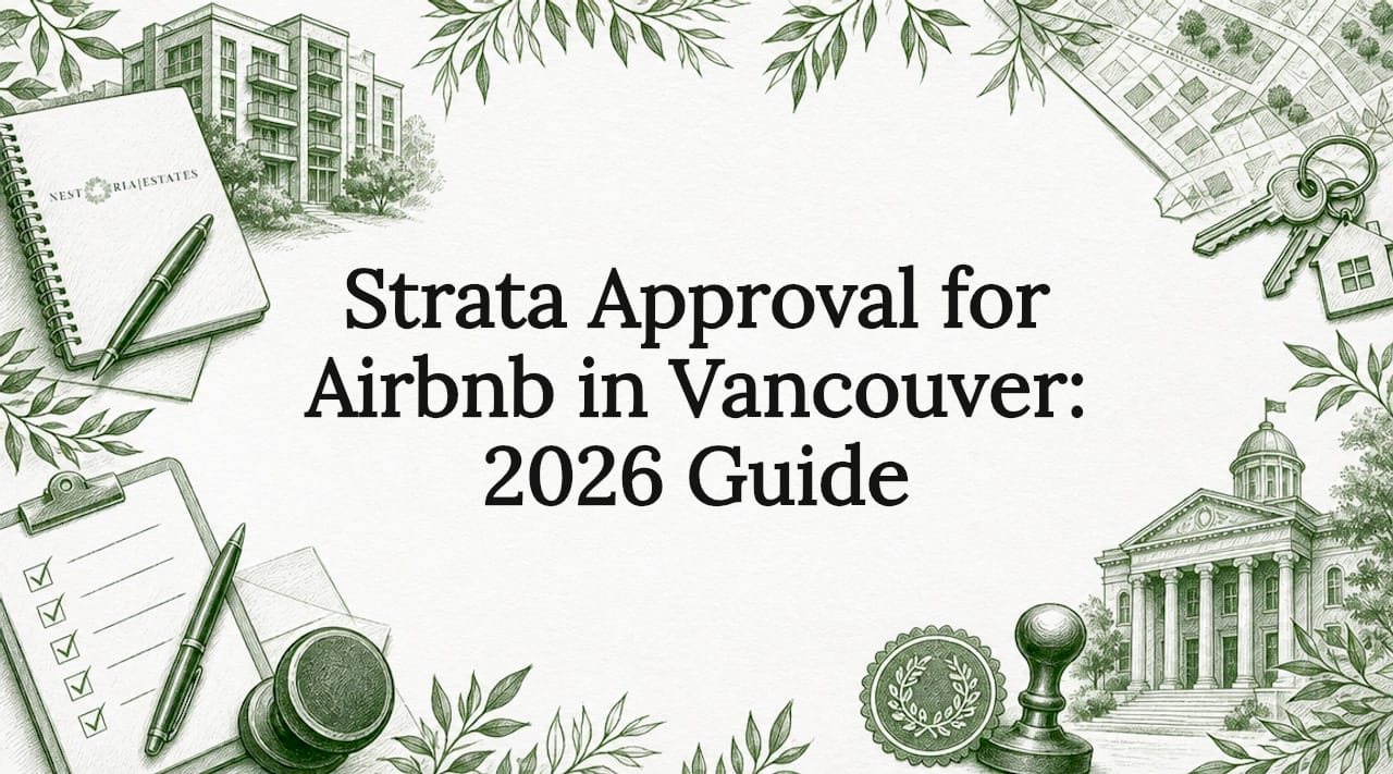 Decorative title card illustration with strata approval elements