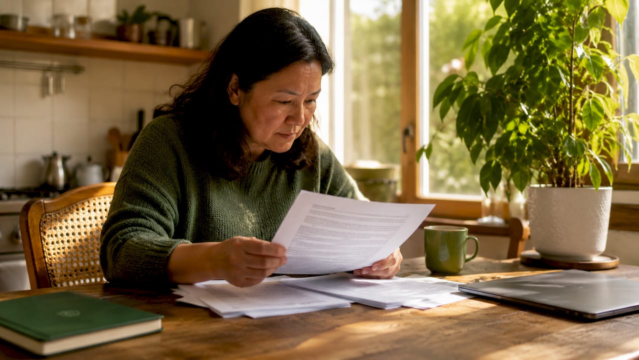 Person reviewing strata bylaws documents at desk