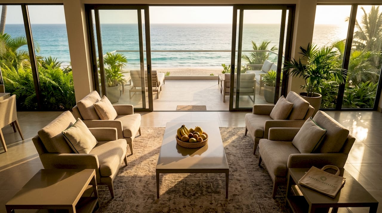 Sunlit luxury villa living room with pool view