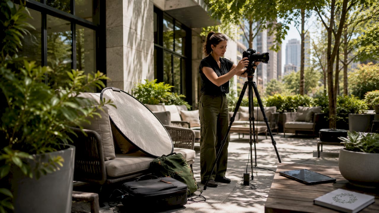 Photographer preparing luxury condo for photo shoot