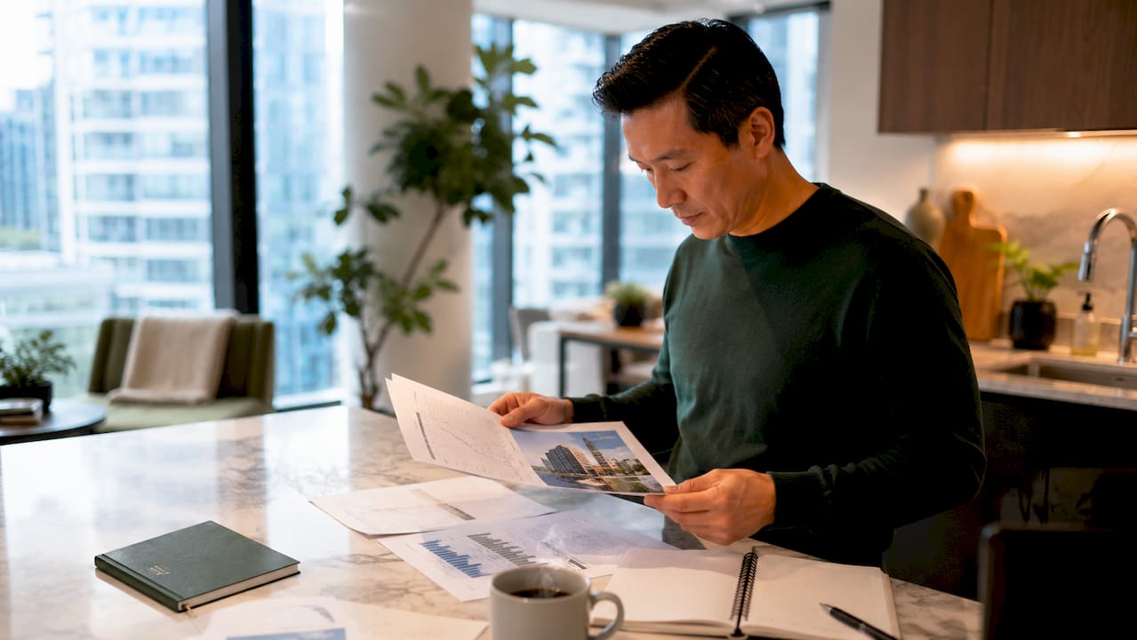 Investor reviewing real estate documents in home office