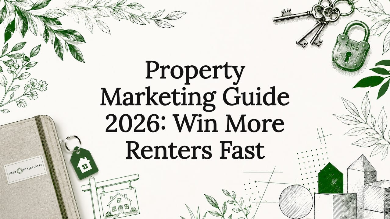 Decorative title card illustration with property marketing theme