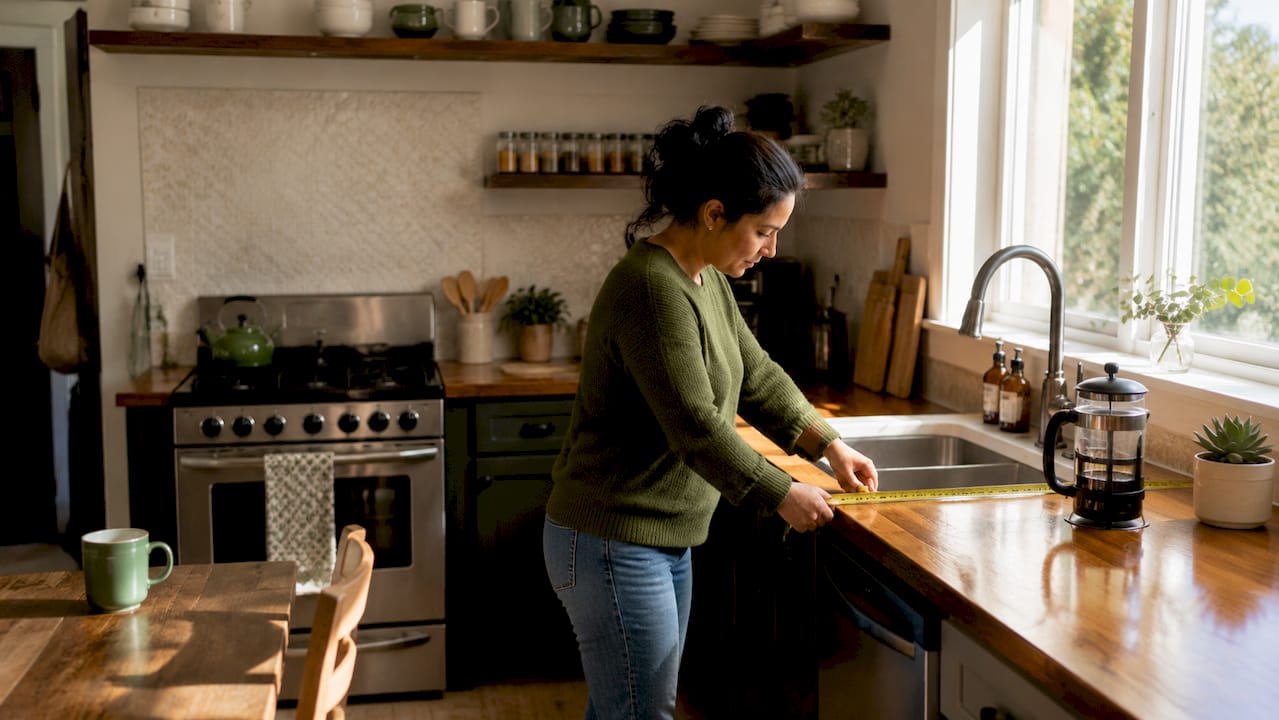 Woman measuring kitchen in rental