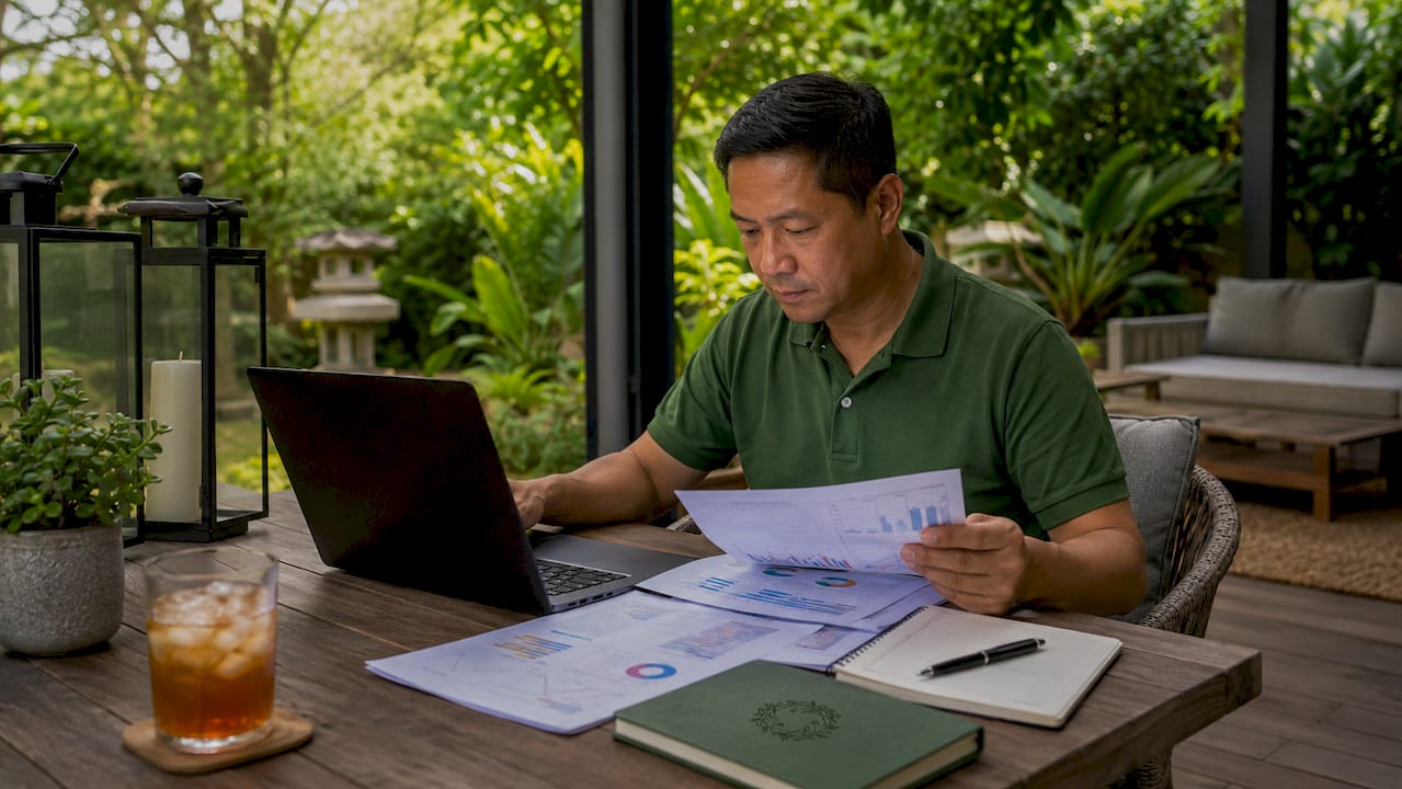 Owner calculating vacation rental base rate at home desk