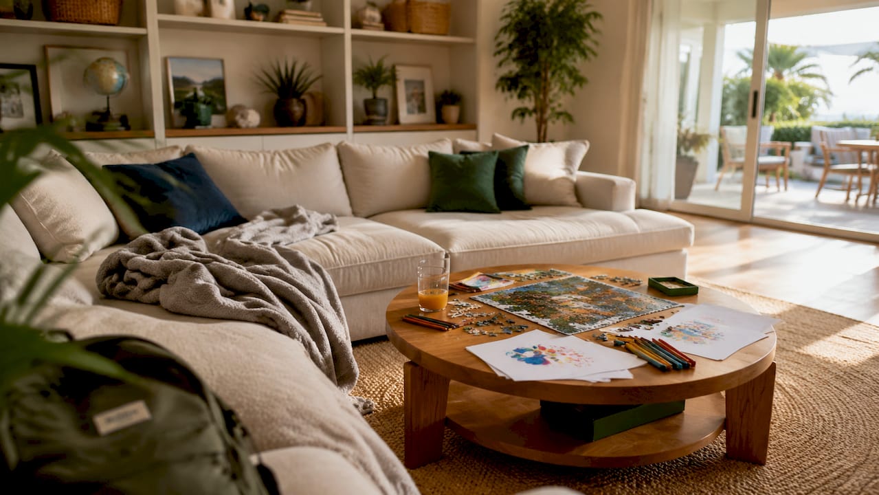 Spacious family vacation rental living room with sunlit window