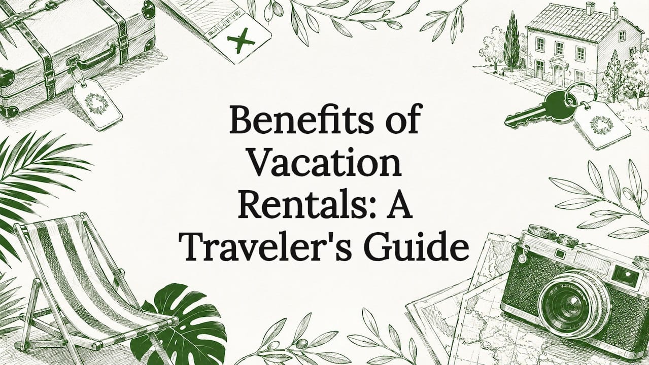 Decorative title card with travel and home icons surrounding central text area