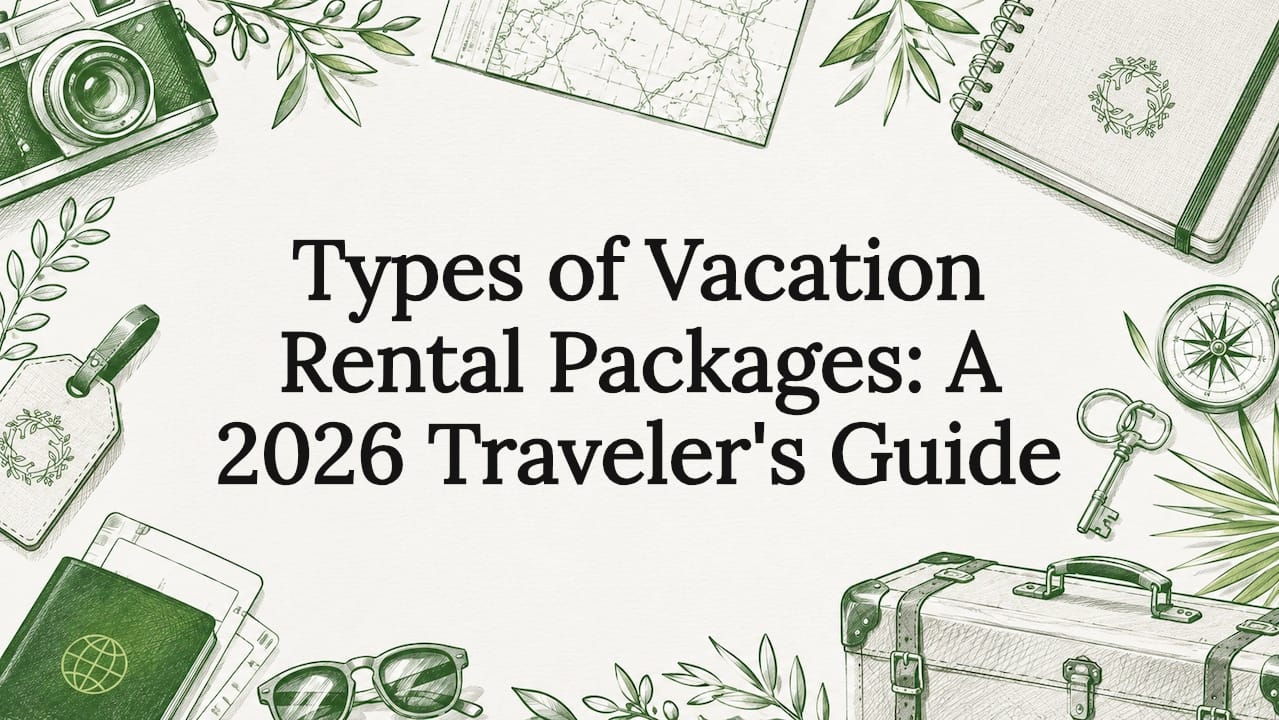 Decorative vacation rental title card illustration