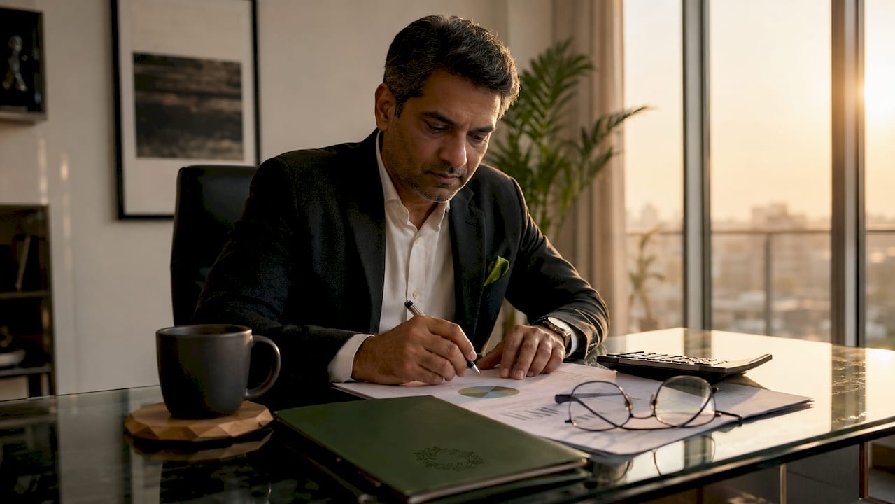 Man reviewing luxury property finances at desk
