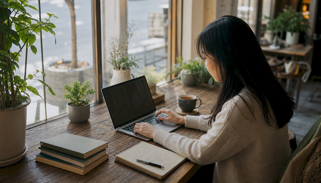 Woman typing thank-you message on laptop