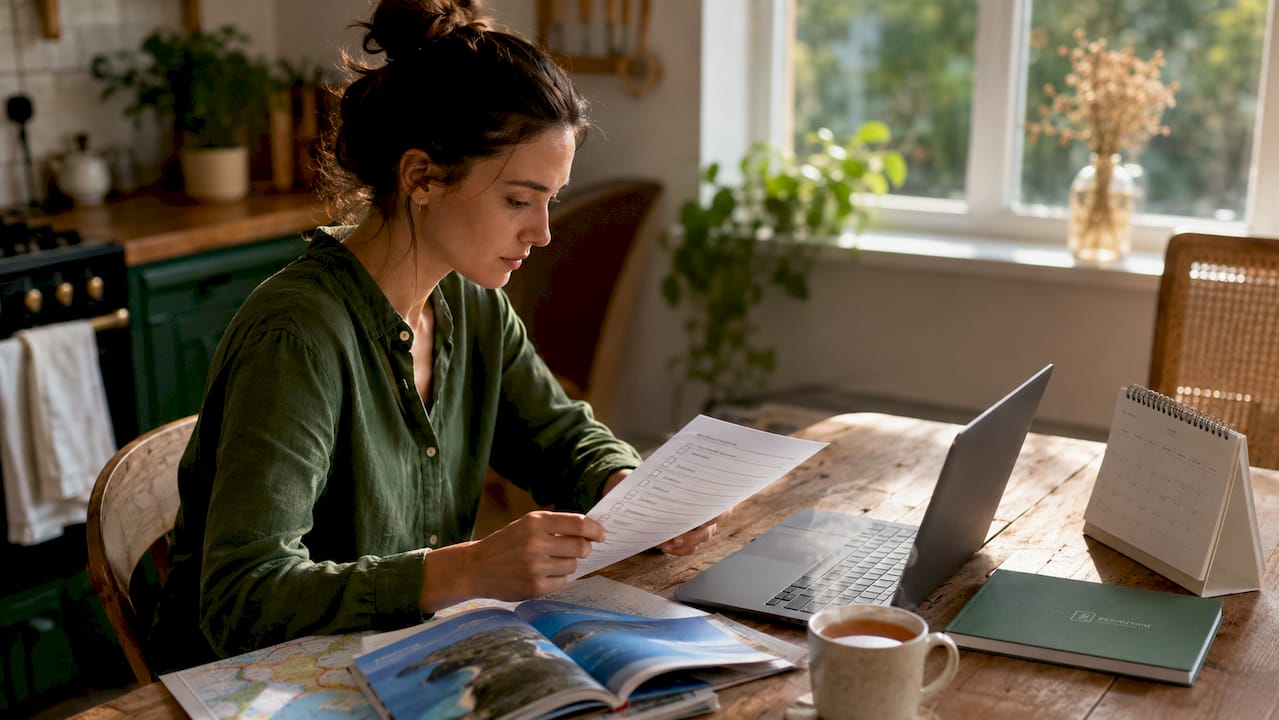 Traveler preparing vacation rental search at home desk