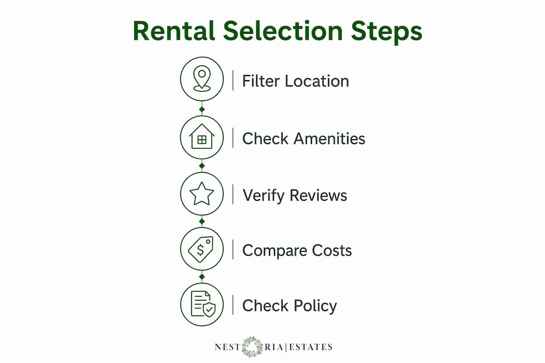 Infographic showing step-by-step vacation rental selection process