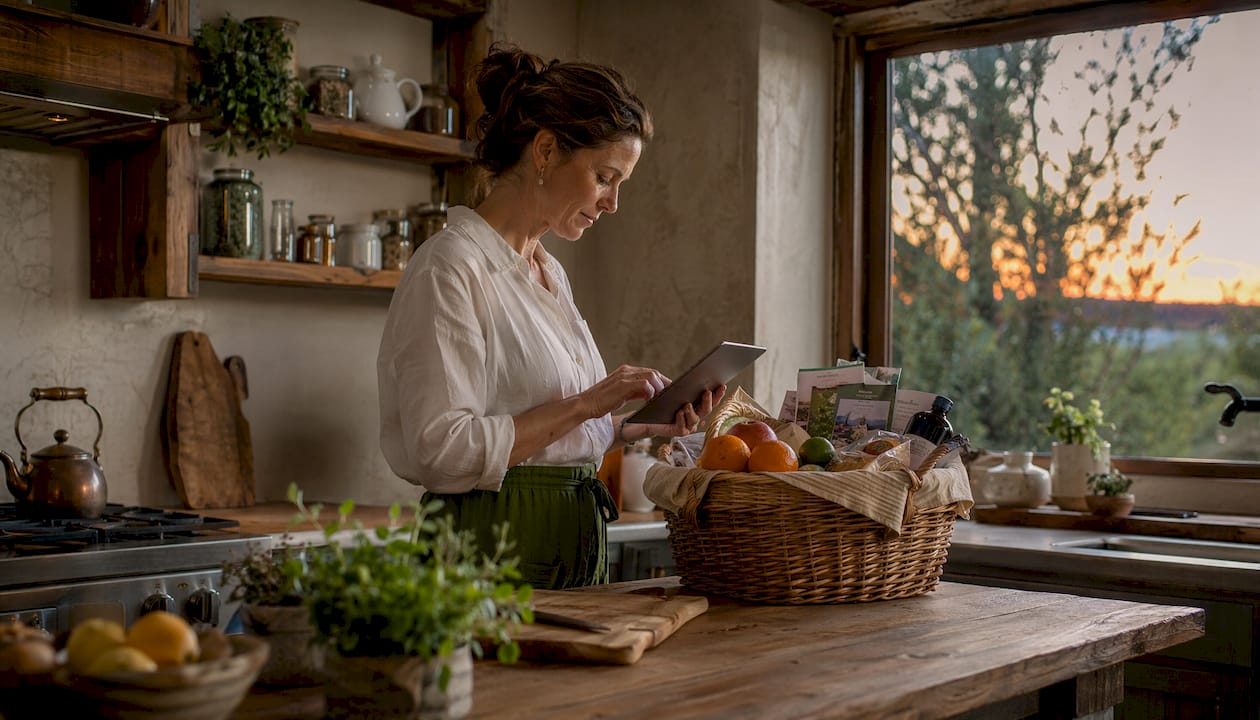 Vacation rental host preparing welcome basket