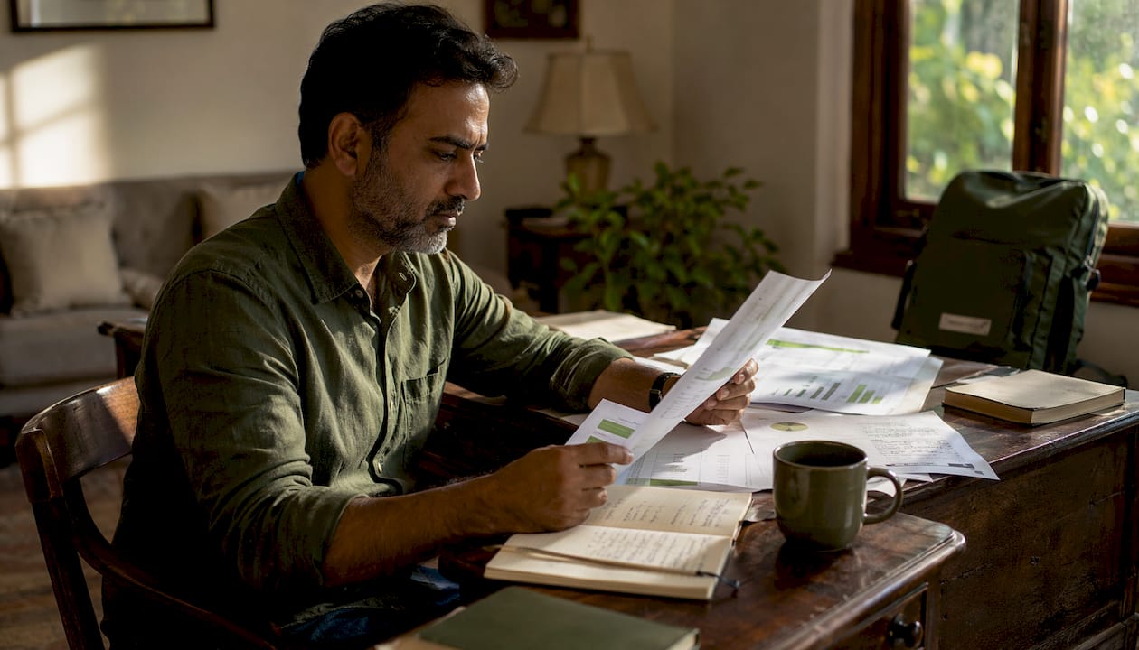Man reviewing rental performance reports in home office