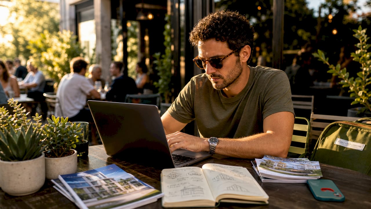 Traveler reviewing Wi-Fi details on laptop