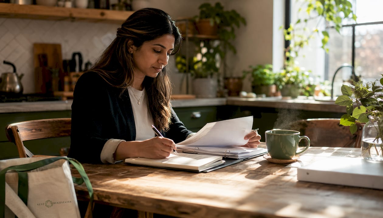 Woman organizing rental pricing at desk