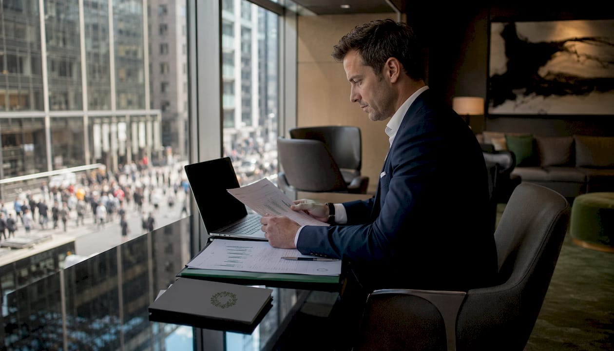 Business traveler working in hotel room