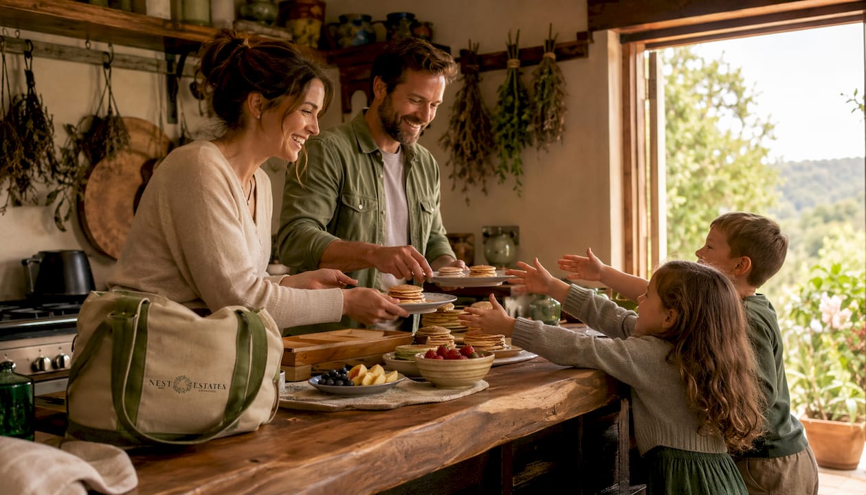Family in spacious vacation rental kitchen