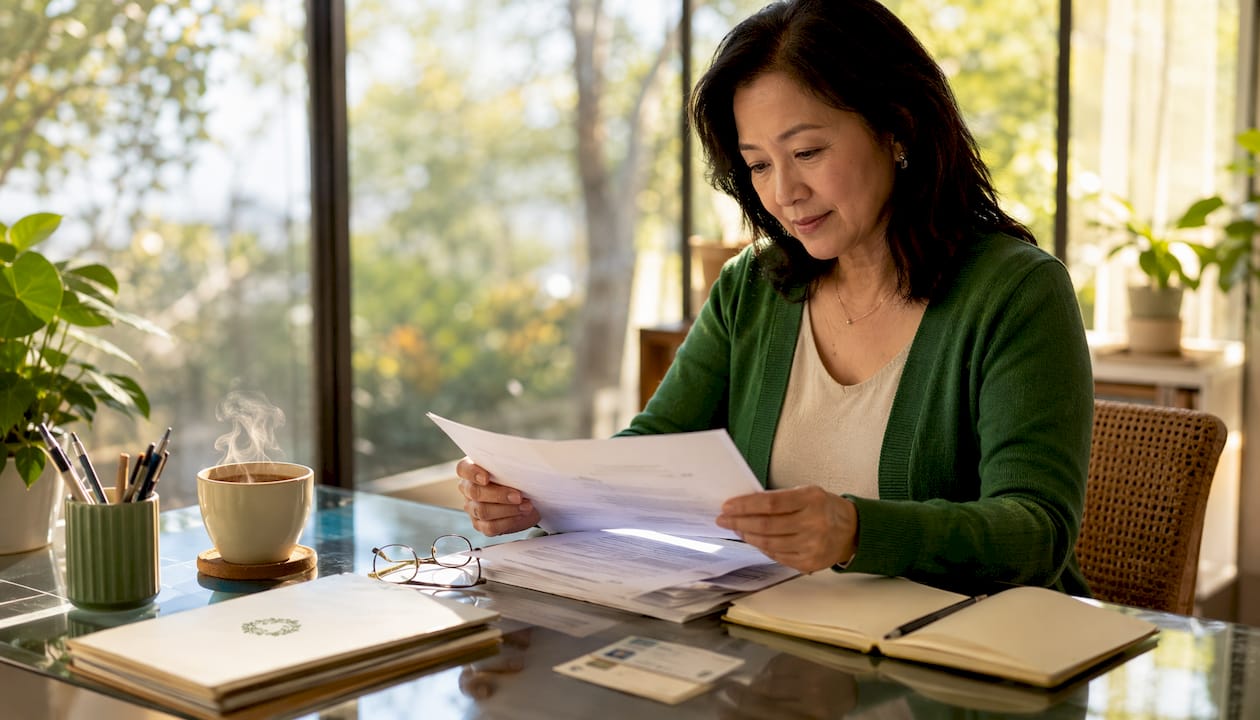 Homeowner reviewing residence documents at desk