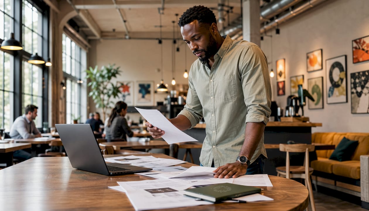 Man reviewing Canadian compliance documents at office table
