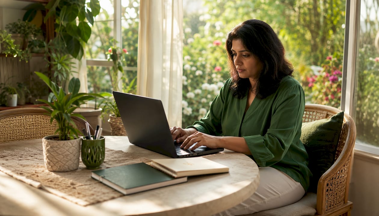 Woman managing vacation rental operations at laptop