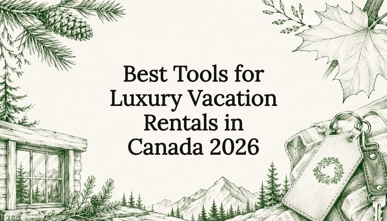 Decorative title card with Canadian nature and luxury travel elements
