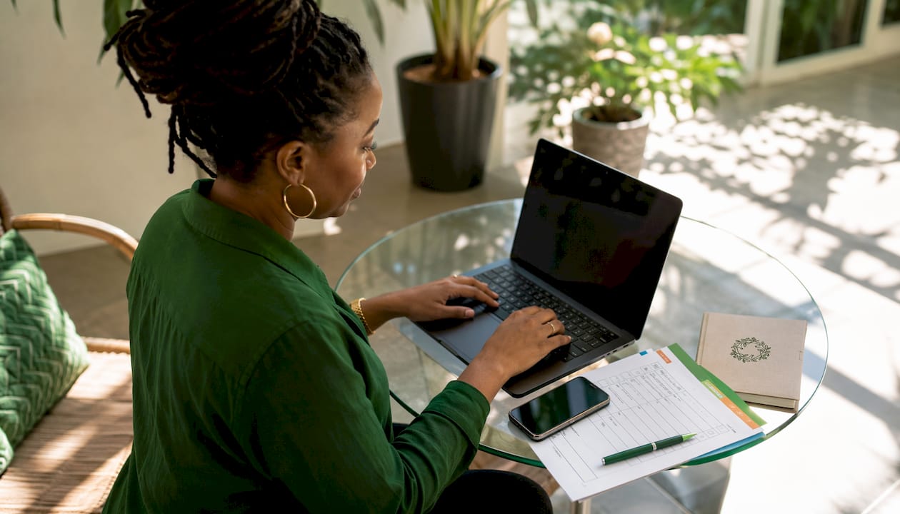 Woman automating rental operations at desk
