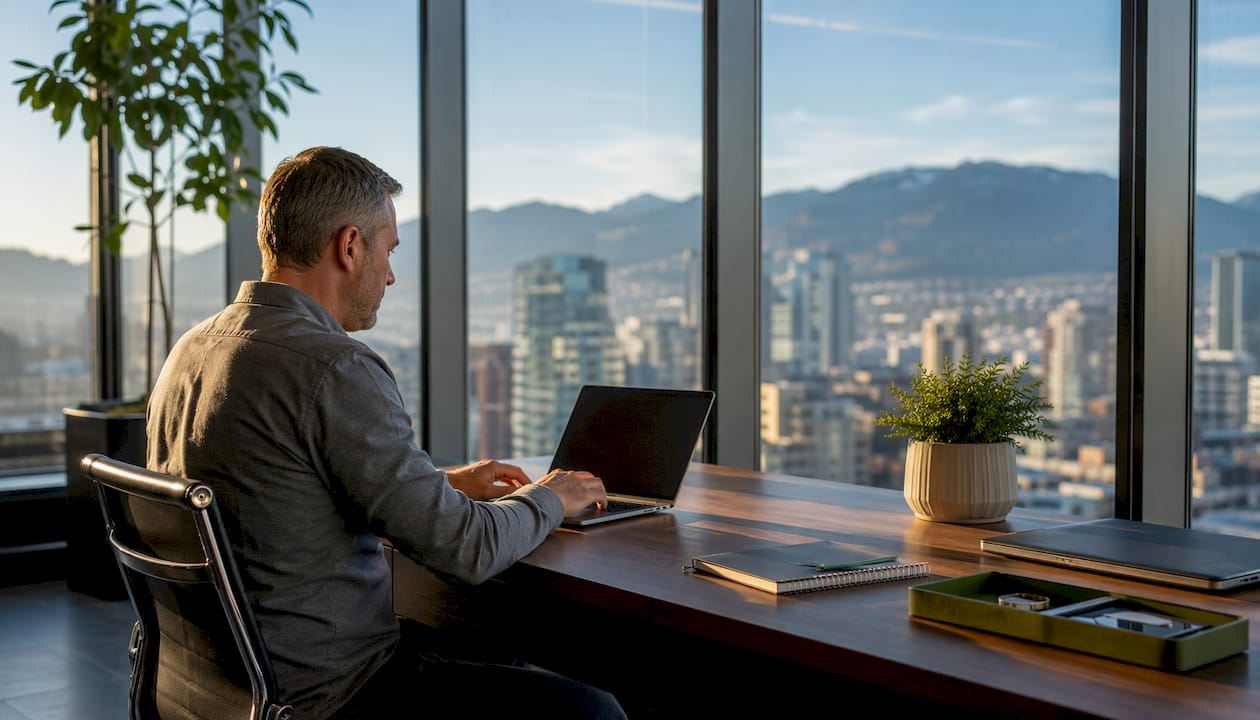 Property manager reviewing listings in office