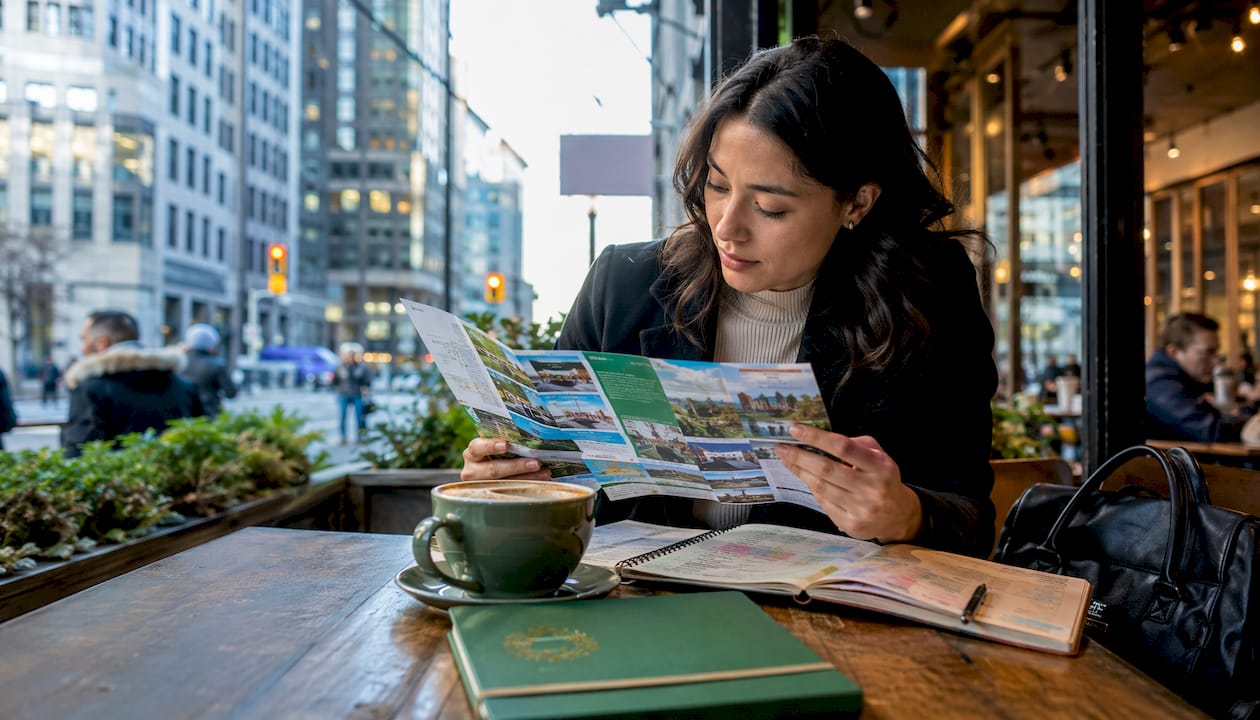 Woman reviewing city tour schedules in office