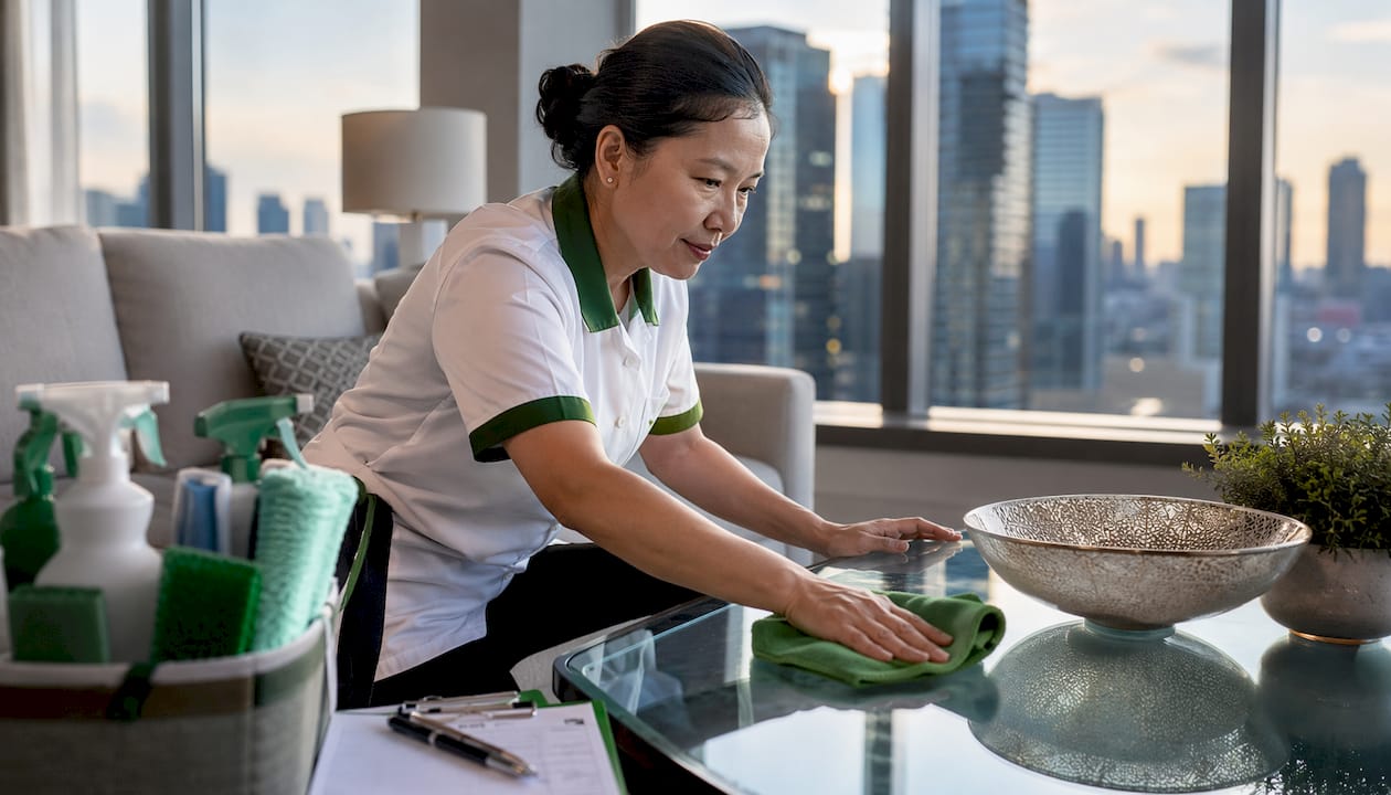 Cleaner preparing luxury rental property