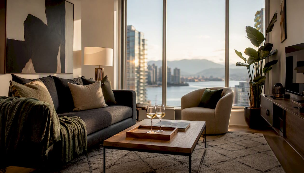 Staged living room with sofa facing window and coffee table tray