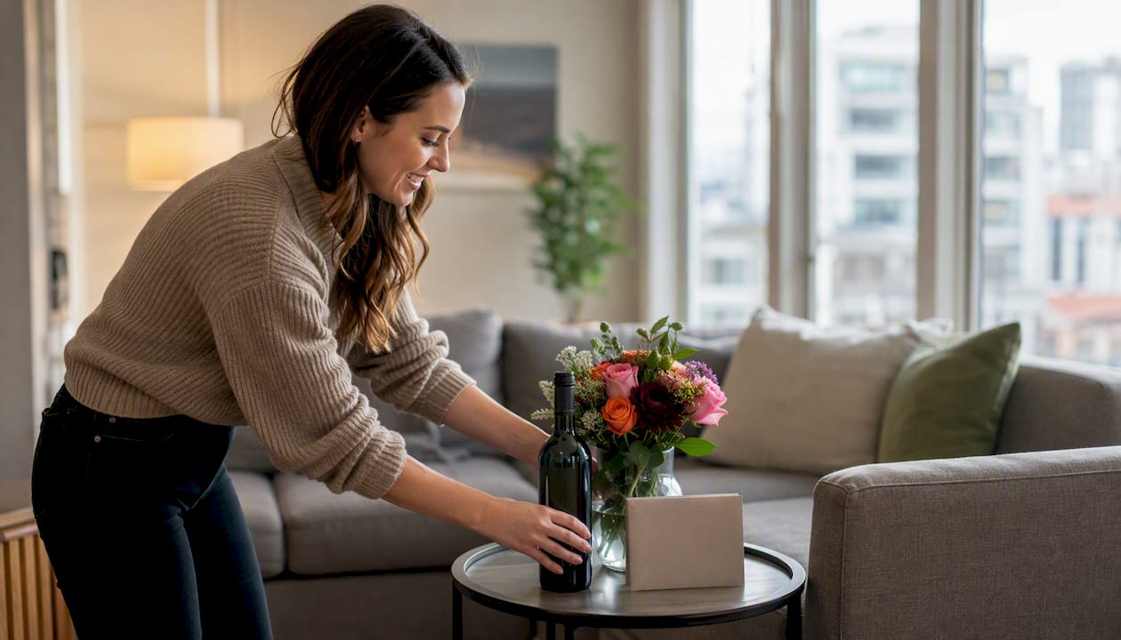 Host placing birthday items in rental kitchen