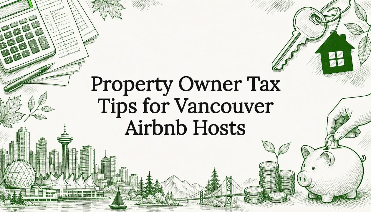 Decorative title card illustration with tax and property icons