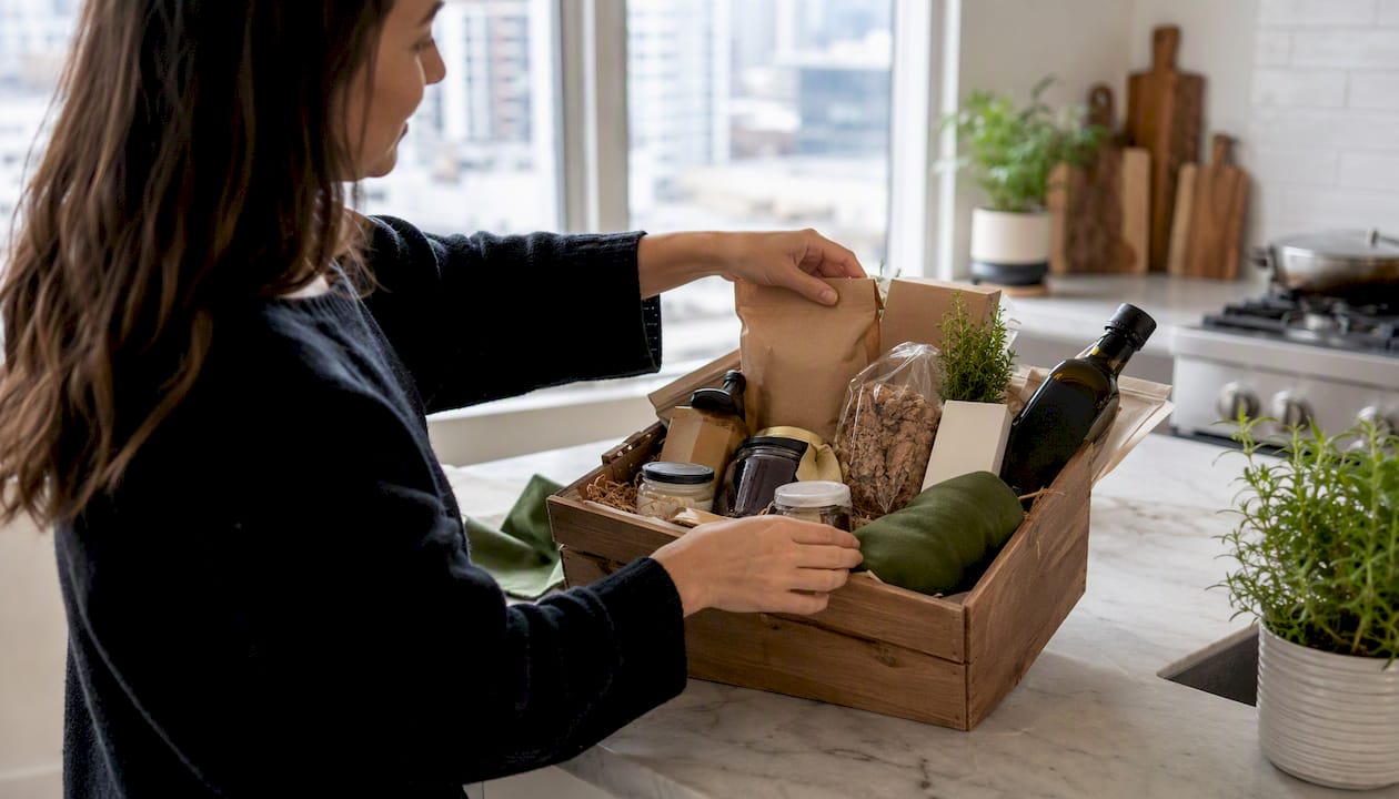 Hands packing a local welcome hamper in rental