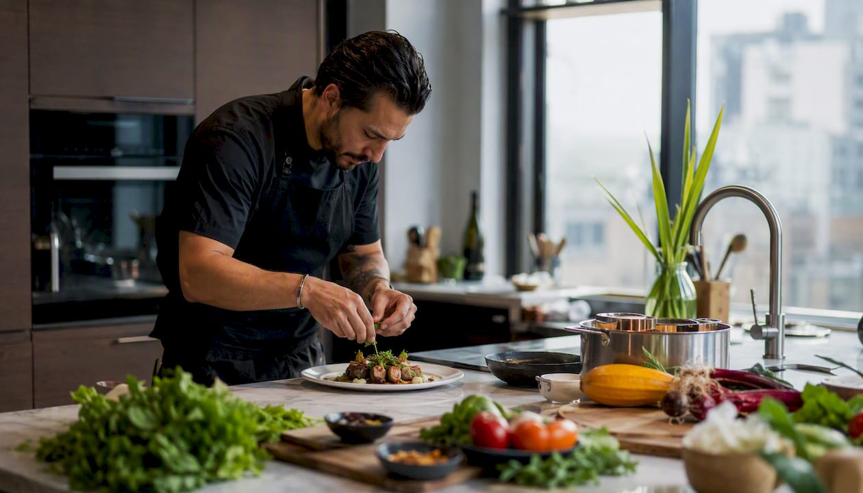 Private chef plating dish in Airbnb kitchen