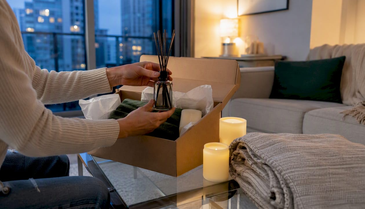 Hands unpacking romantic staging kit items
