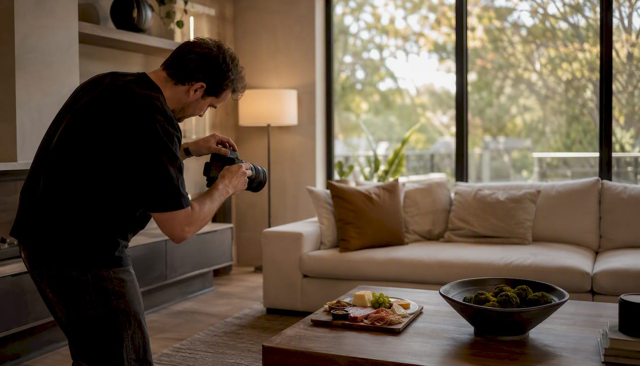 Photographer capturing luxury rental interior details