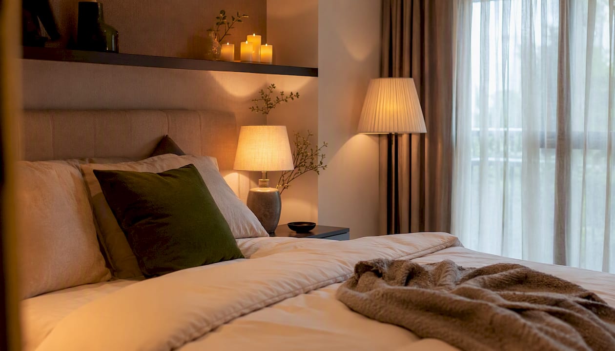 Layered warm lighting in king bedroom corner