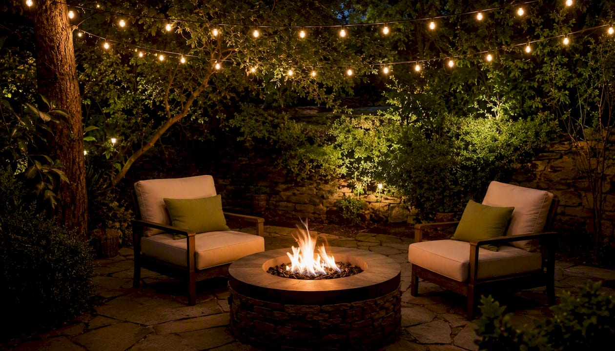 Private outdoor space with fire pit and string lights