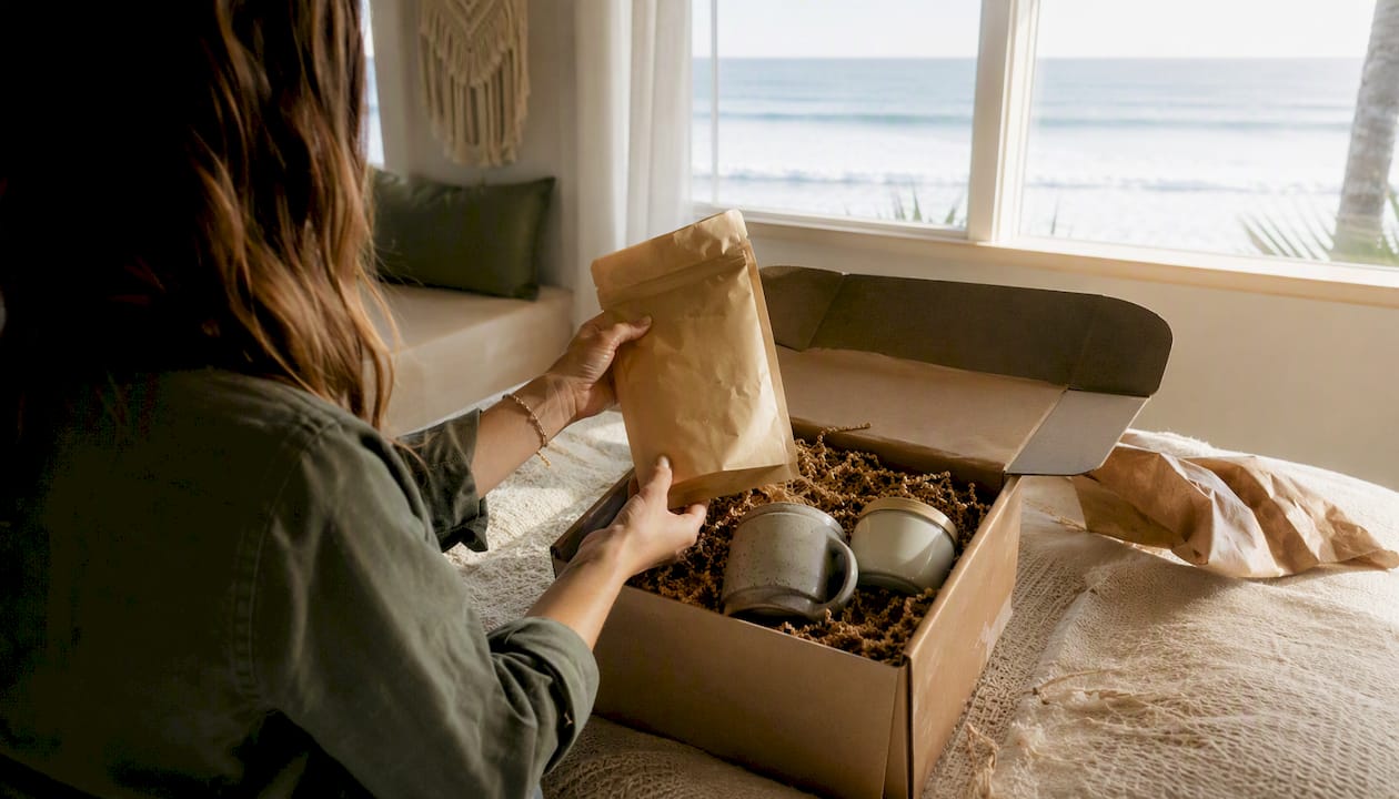 Hands unpacking curated welcome pack in rental