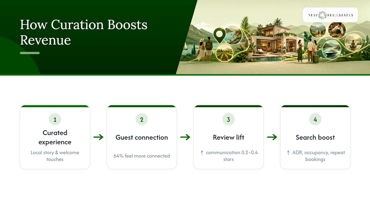 Diagram linking curated experience effects to booking metrics