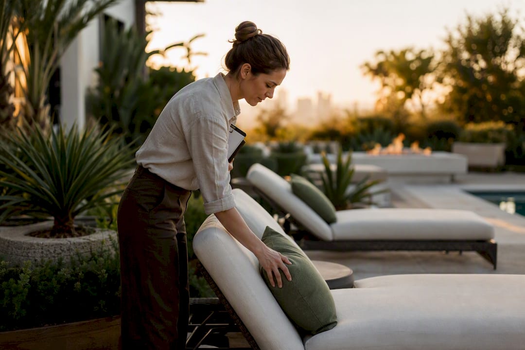 Property manager adjusting outdoor furniture cushions