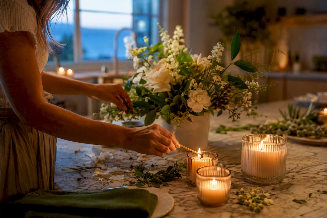 Host arranging fresh flowers and candles
