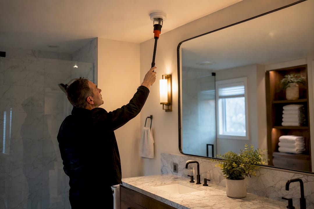 Hand testing smoke alarm in rental living room