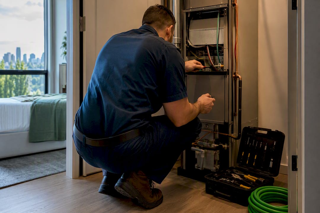 Technician servicing a rental HVAC unit
