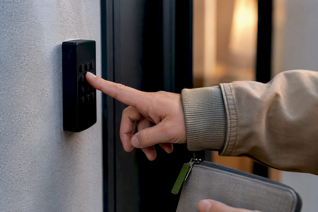 Hand entering code on smart lock keypad