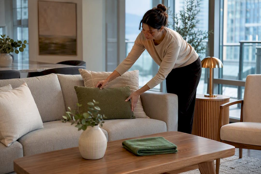 Staged rental living room being prepared