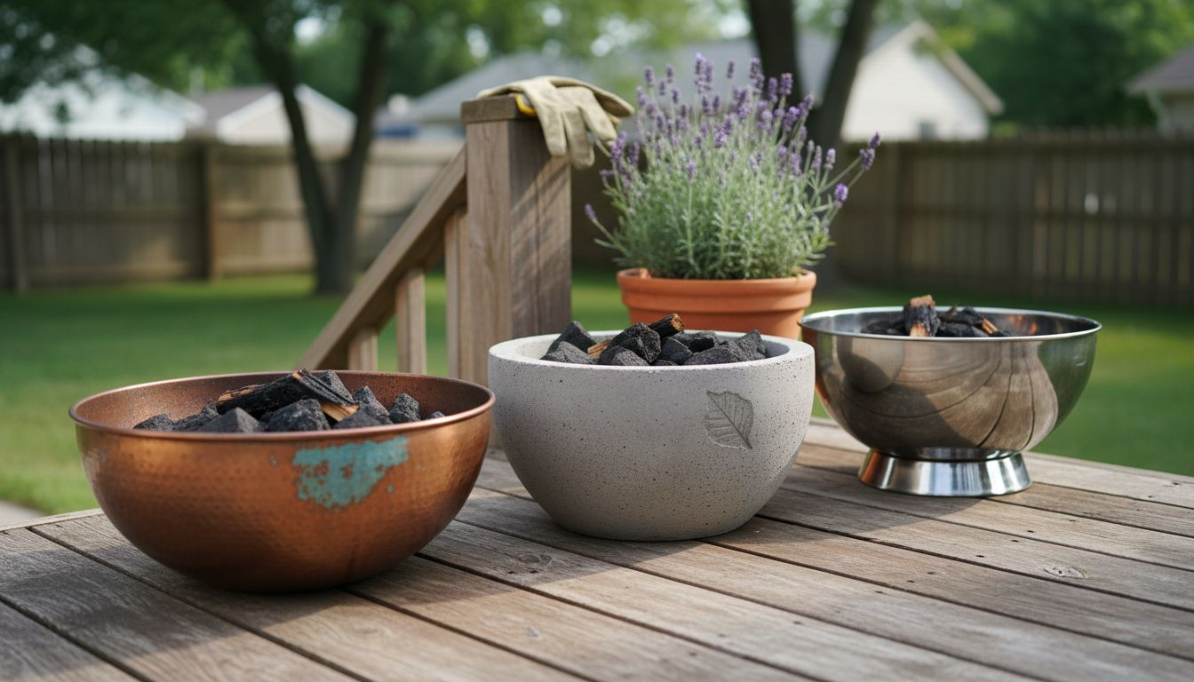 Different fire bowl materials on backyard deck