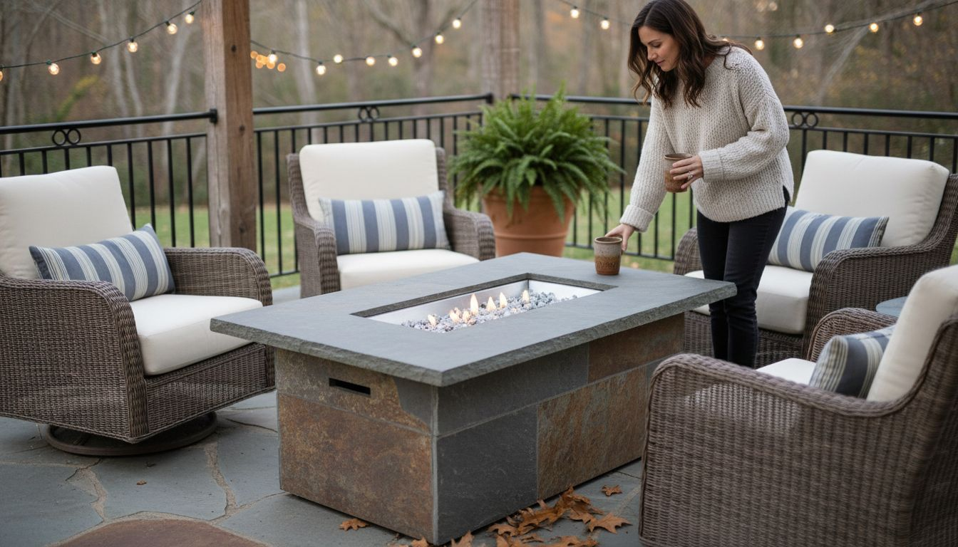 Modern fire feature with casual patio seating