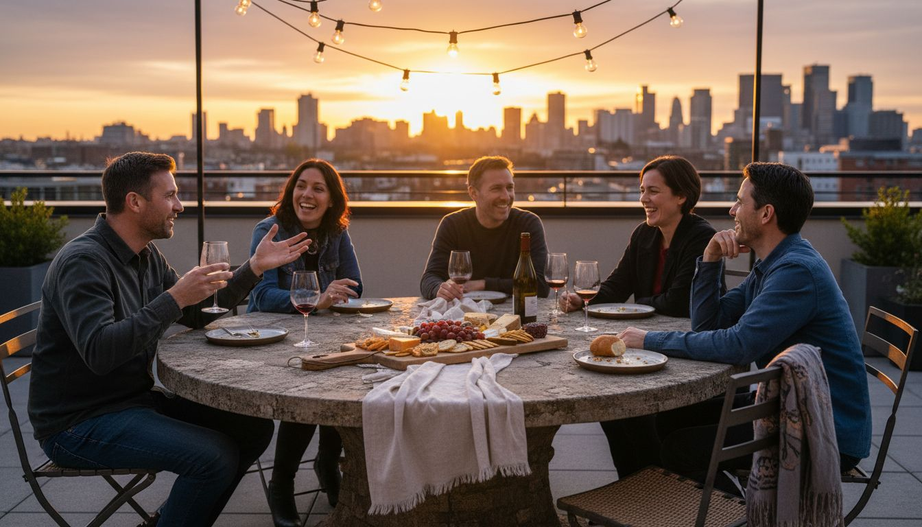 Friends enjoying designer patio dining table